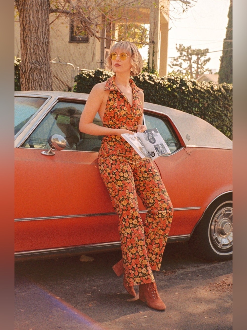 MIRACLE EYE Cecilia Jumpsuit in Marigold Halter 70s Inspired Floral Size XL VGUC